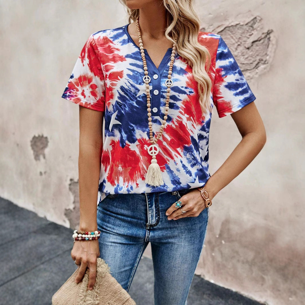 Women's Top V-neck Buttons Tie-dye Printing