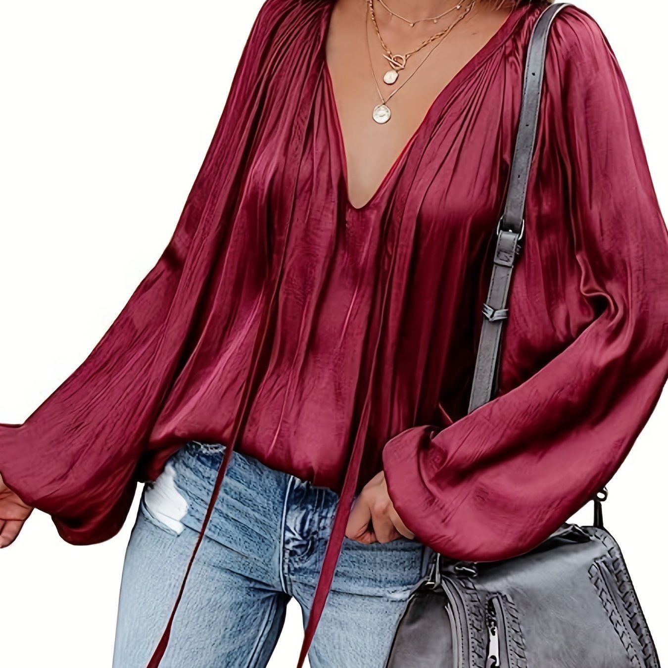 Women's Satin V-neck Long Sleeve Shirt Casual