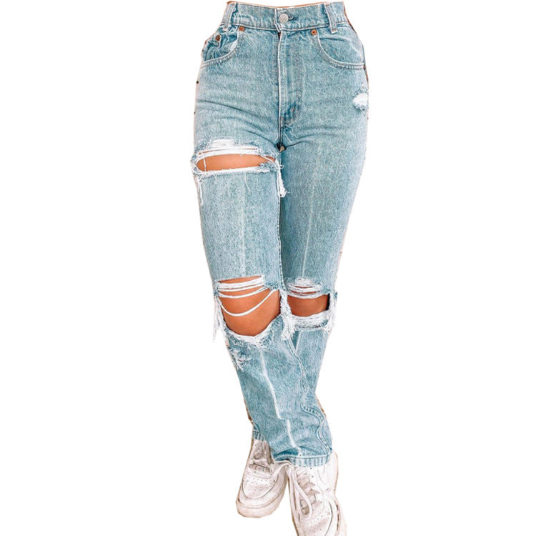 Ladies Denim Pants with Ripped Holes Women's Pants