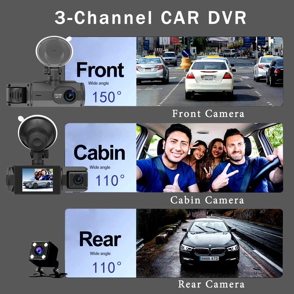 HD 1080p Driving Recorder Three-lens Same Display With Reversing Image Mobile Phone WIFI Car DVR