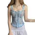 French Style Girl Square Collar Butterfly Printed Mesh Sling Top