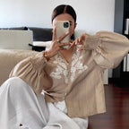 V-neck Machine Embroidery Pearl Single-breasted Lantern Long Sleeve Top