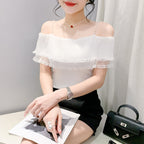 Pleated Lace Stitching Off-neck Sweet Short Sleeve