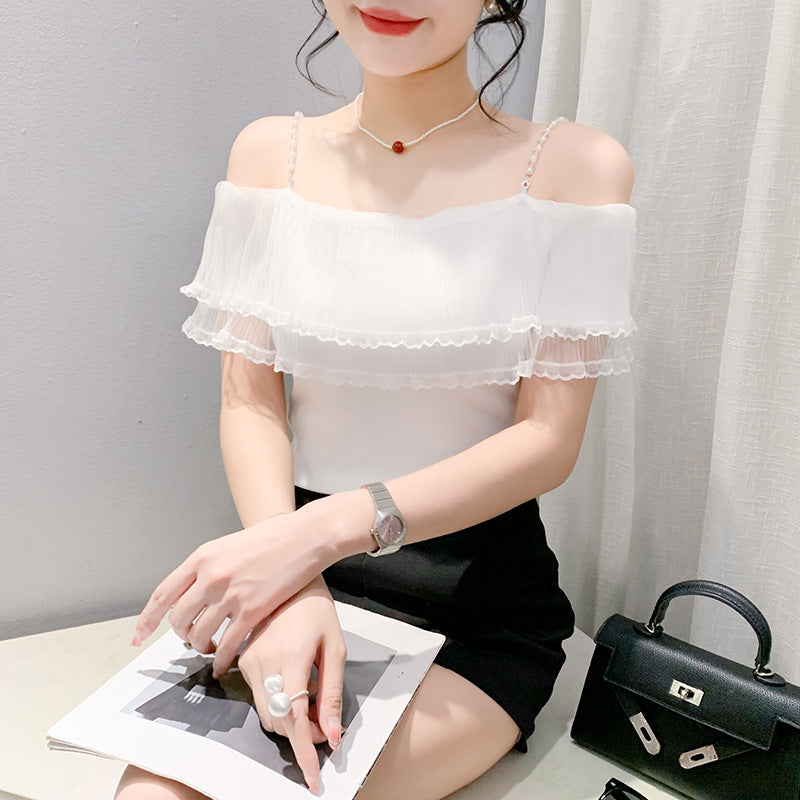 Pleated Lace Stitching Off-neck Sweet Short Sleeve