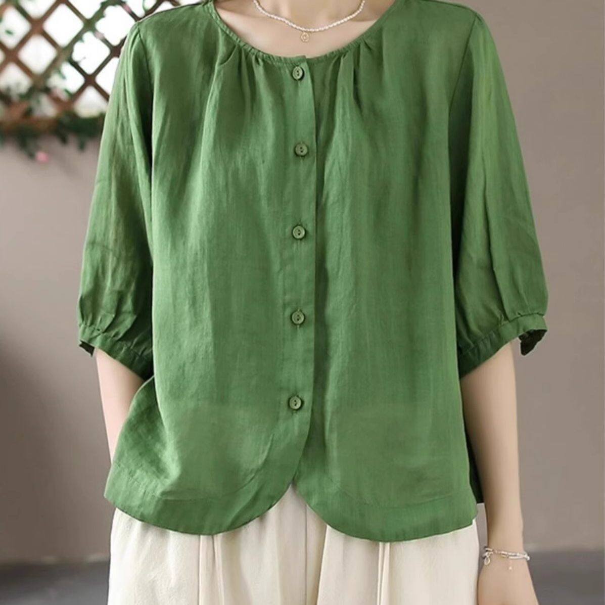 Cotton And Linen Shirt Women's Elegant Single-breasted Round Neck Top