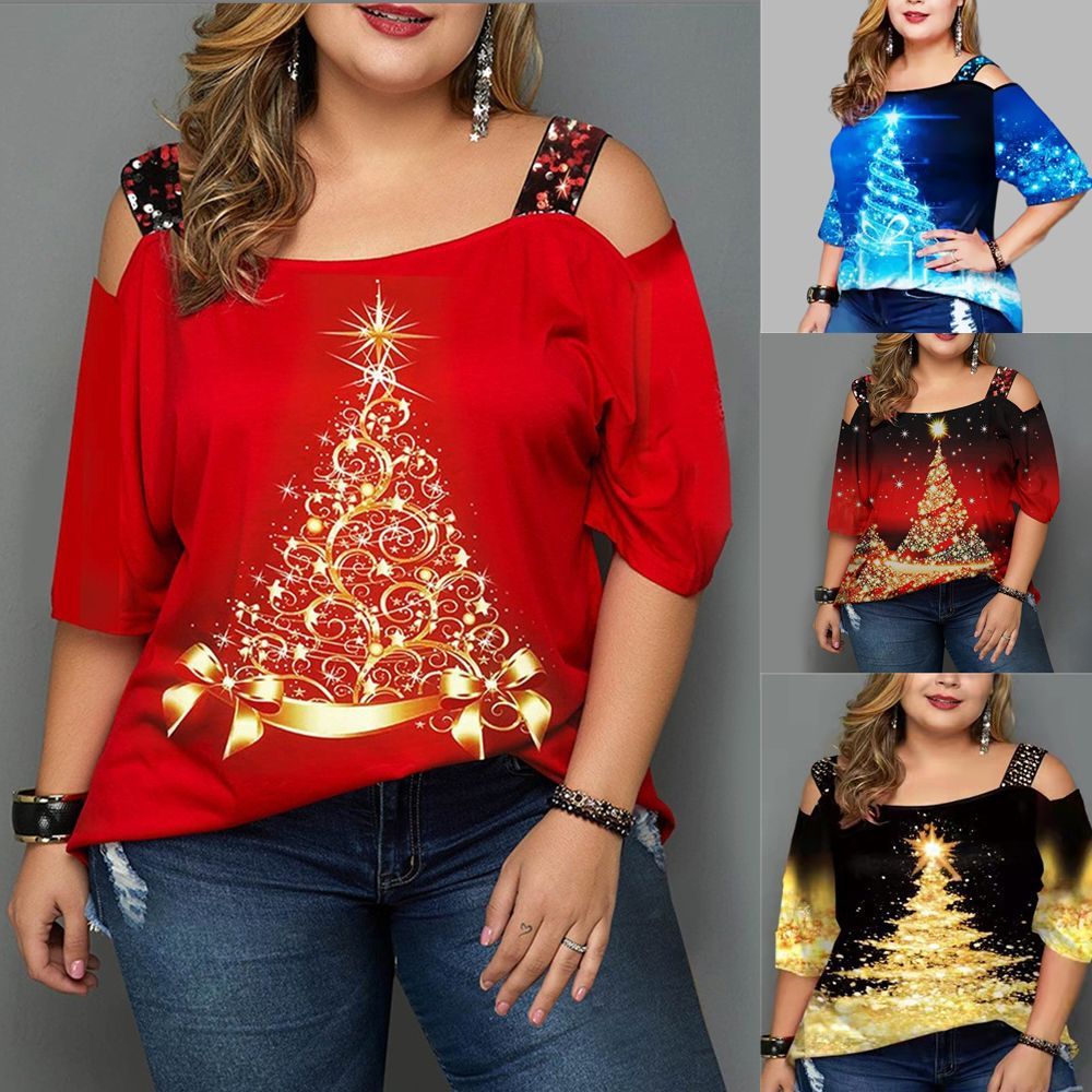 Women's Christmas Tree Print Off-shoulder Loose Short Sleeve Plus Size T-shirt Top