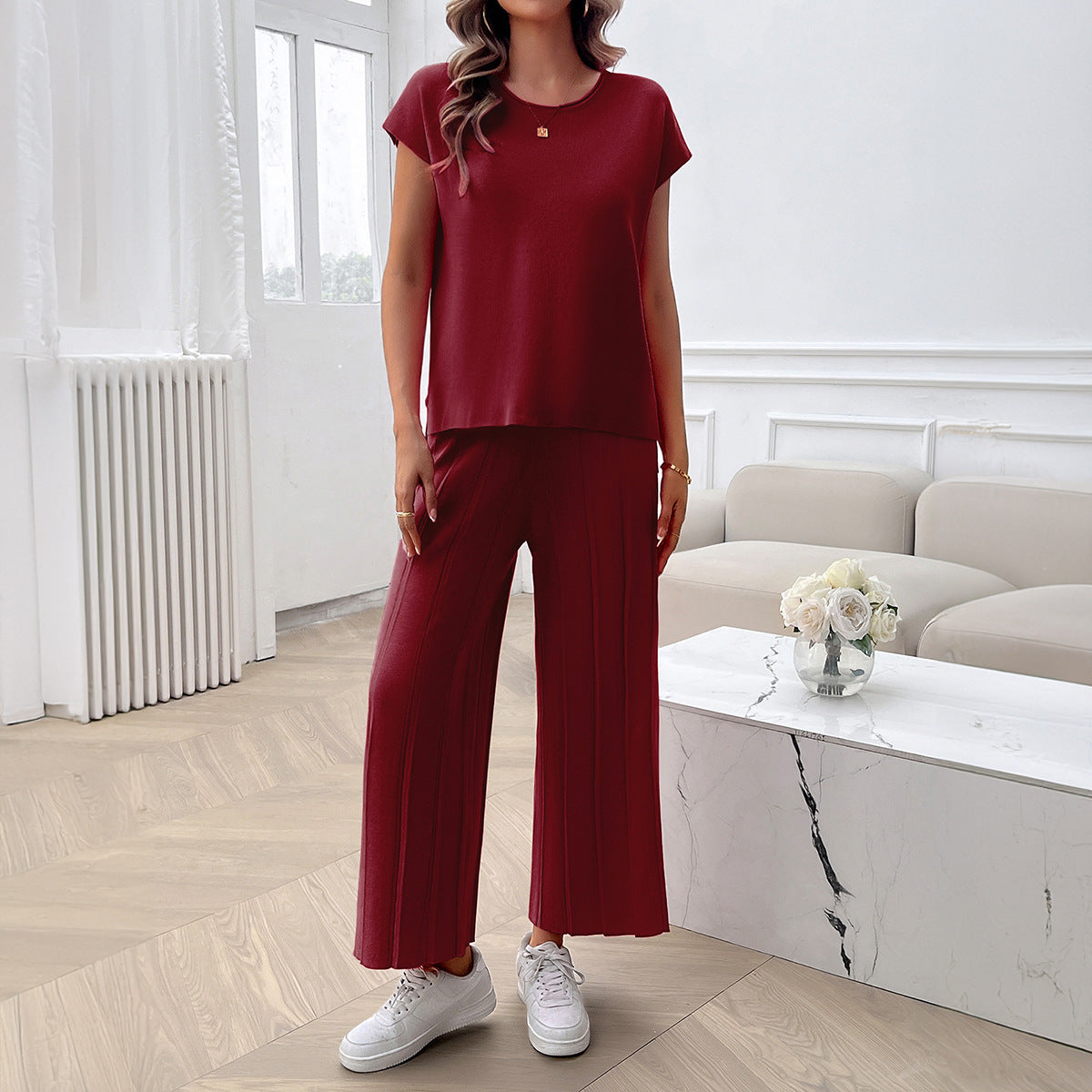 Simple Casual Style Solid Color Top Wide Leg Sweater Suit