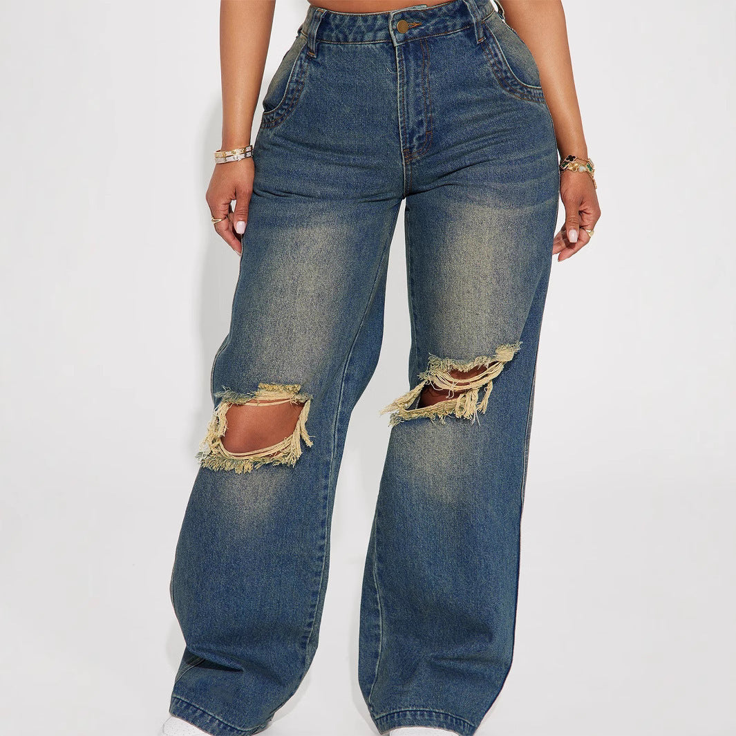 Retro Heavy-duty Washed Knee Ripped Wide-legged Jeans