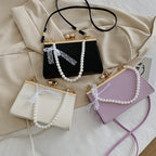 Summer Retro Leather Small Square Bag, Pearl Clip, Shoulder Messenger Bag, Simple Style Handbag