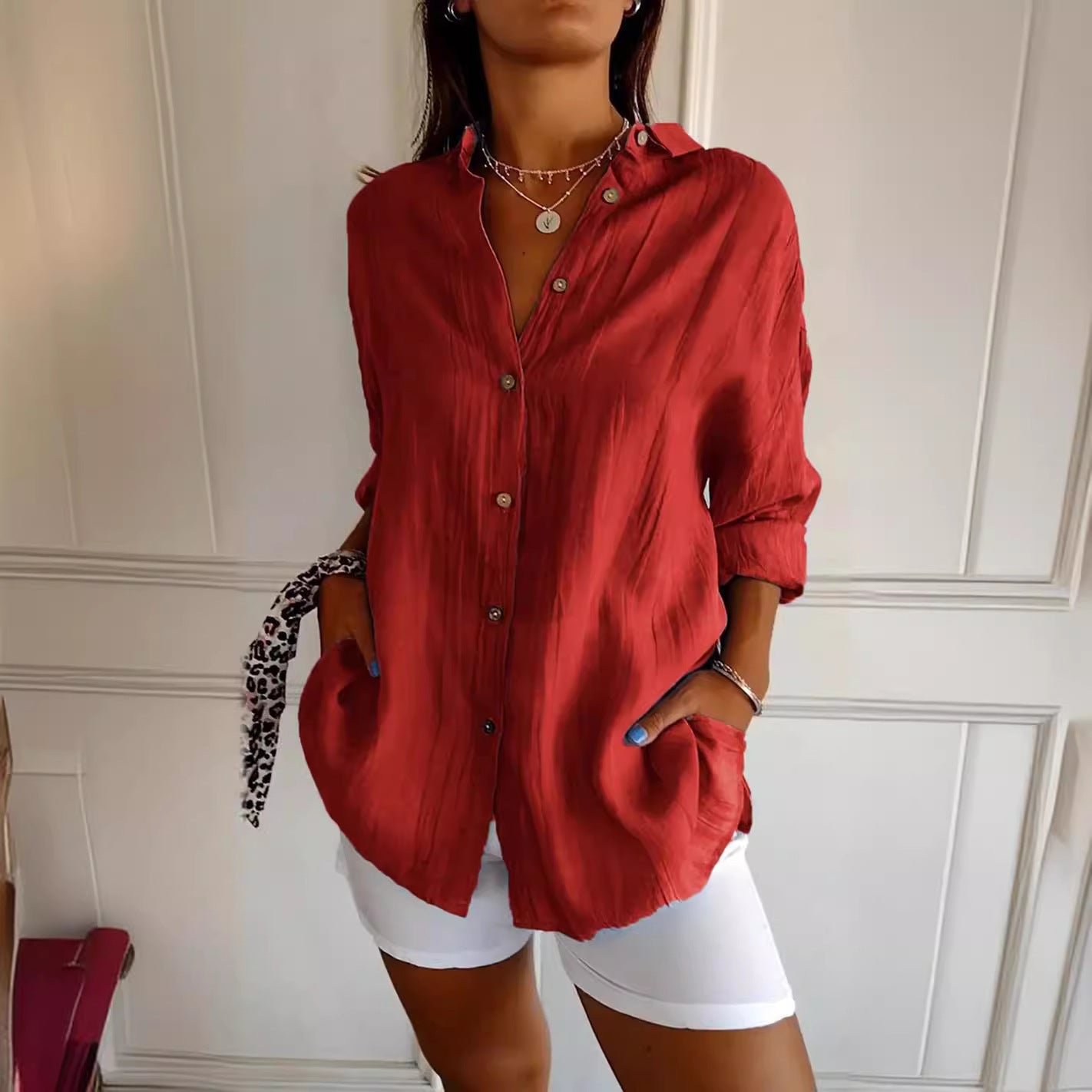 Women's Single-breasted Pleated Lapel Shirt
