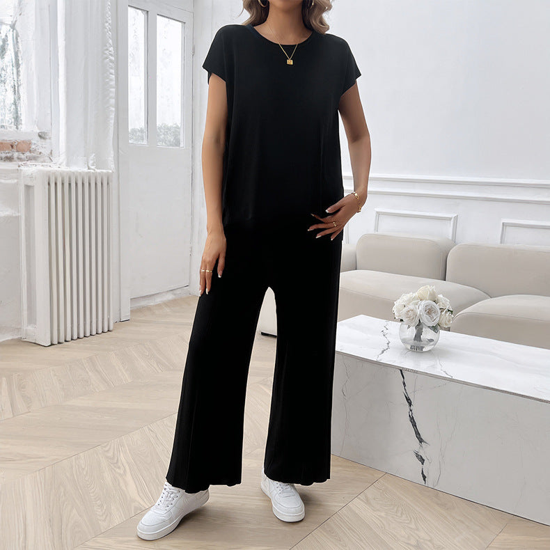 Simple Casual Style Solid Color Top Wide Leg Sweater Suit