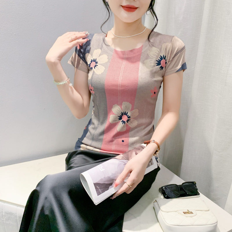 Stitching Contrast Color Flower Half-sleeve Slim Fit High Elasticity Undershirt